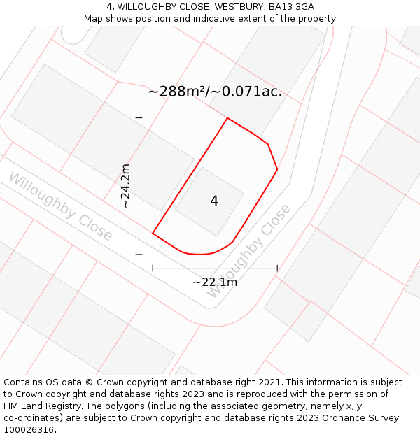 4, WILLOUGHBY CLOSE, WESTBURY, BA13 3GA: Plot and title map