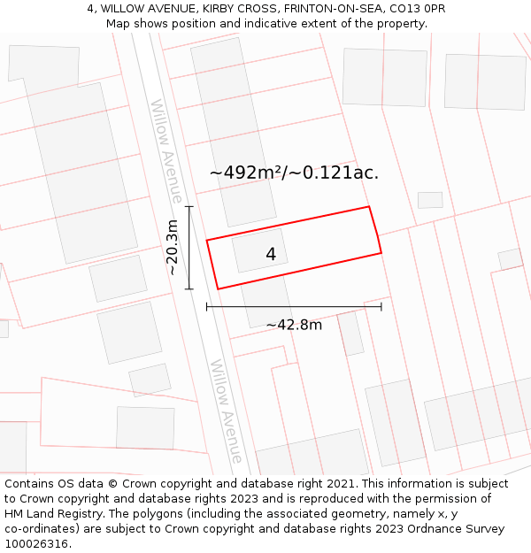 4, WILLOW AVENUE, KIRBY CROSS, FRINTON-ON-SEA, CO13 0PR: Plot and title map