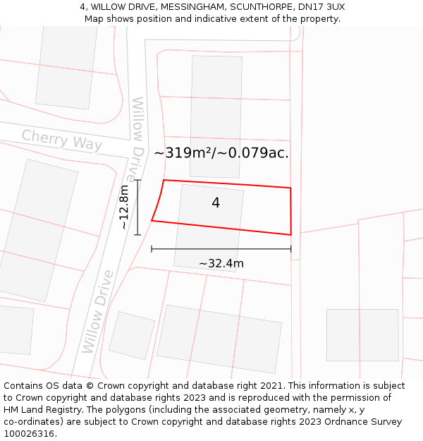 4, WILLOW DRIVE, MESSINGHAM, SCUNTHORPE, DN17 3UX: Plot and title map