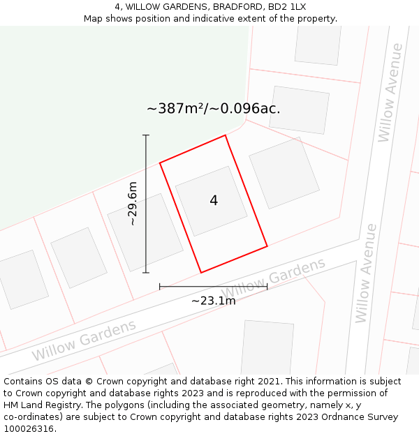 4, WILLOW GARDENS, BRADFORD, BD2 1LX: Plot and title map