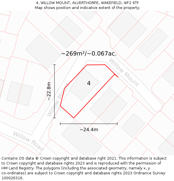 4, WILLOW MOUNT, ALVERTHORPE, WAKEFIELD, WF2 9TF: Plot and title map