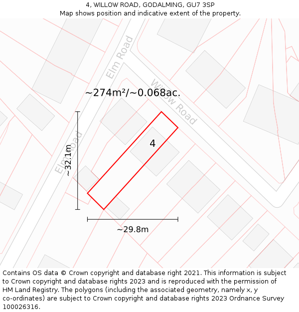 4, WILLOW ROAD, GODALMING, GU7 3SP: Plot and title map