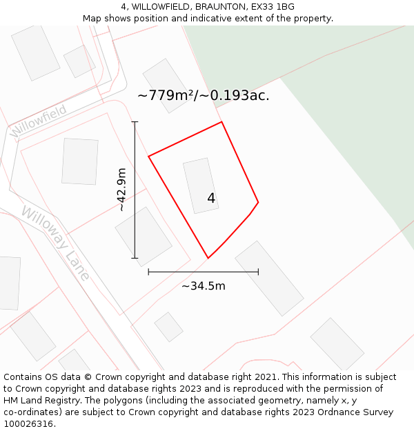 4, WILLOWFIELD, BRAUNTON, EX33 1BG: Plot and title map