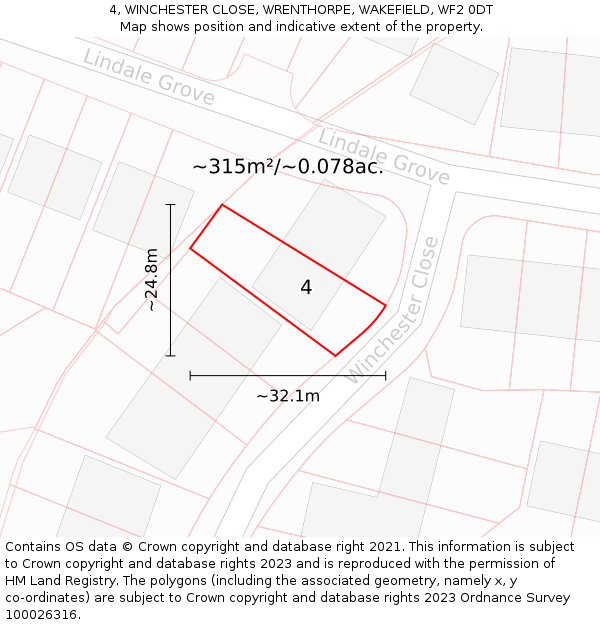 4, WINCHESTER CLOSE, WRENTHORPE, WAKEFIELD, WF2 0DT: Plot and title map