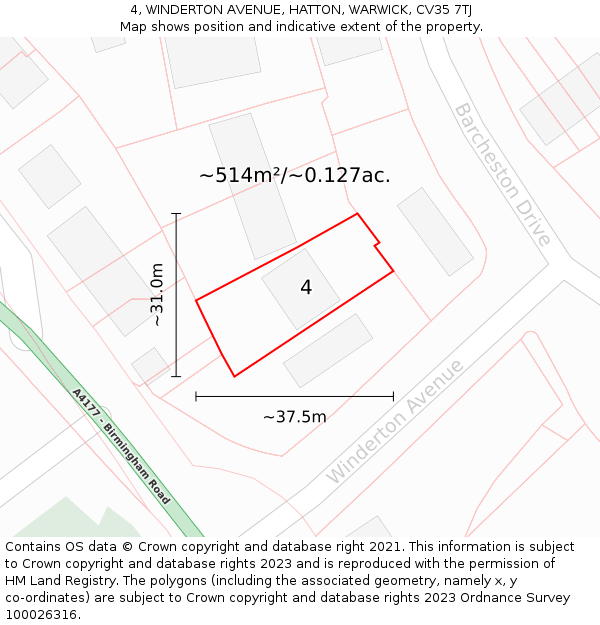 4, WINDERTON AVENUE, HATTON, WARWICK, CV35 7TJ: Plot and title map