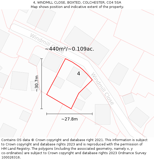 4, WINDMILL CLOSE, BOXTED, COLCHESTER, CO4 5SA: Plot and title map