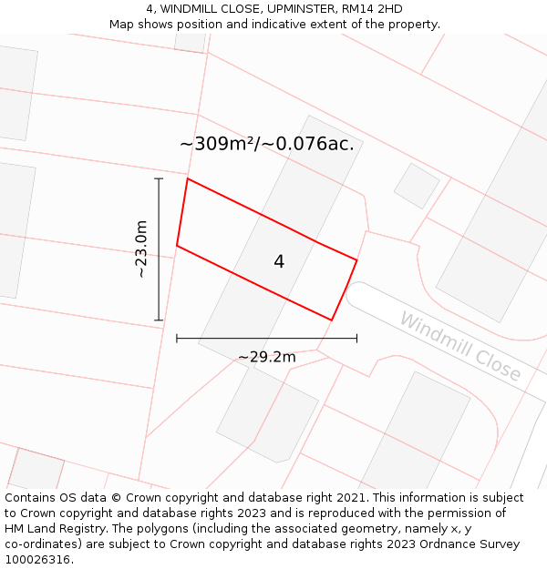 4, WINDMILL CLOSE, UPMINSTER, RM14 2HD: Plot and title map