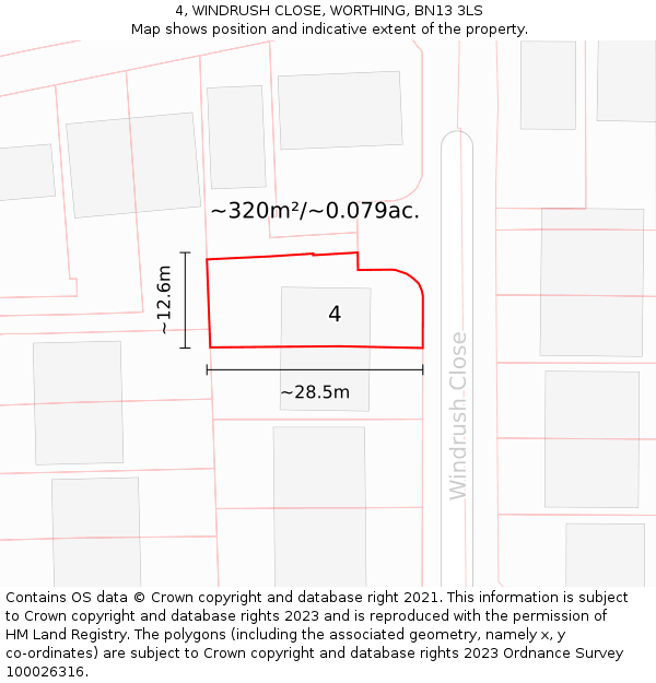 4, WINDRUSH CLOSE, WORTHING, BN13 3LS: Plot and title map