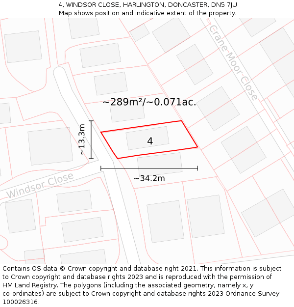 4, WINDSOR CLOSE, HARLINGTON, DONCASTER, DN5 7JU: Plot and title map