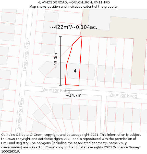 4, WINDSOR ROAD, HORNCHURCH, RM11 1PD: Plot and title map