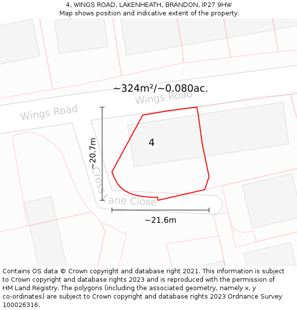 4, WINGS ROAD, LAKENHEATH, BRANDON, IP27 9HW: Plot and title map