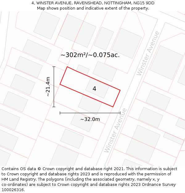 4, WINSTER AVENUE, RAVENSHEAD, NOTTINGHAM, NG15 9DD: Plot and title map