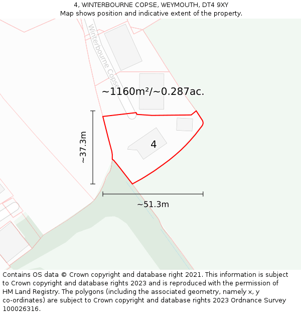 4, WINTERBOURNE COPSE, WEYMOUTH, DT4 9XY: Plot and title map