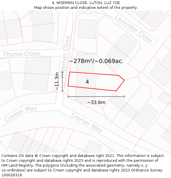 4, WISEMAN CLOSE, LUTON, LU2 7GE: Plot and title map