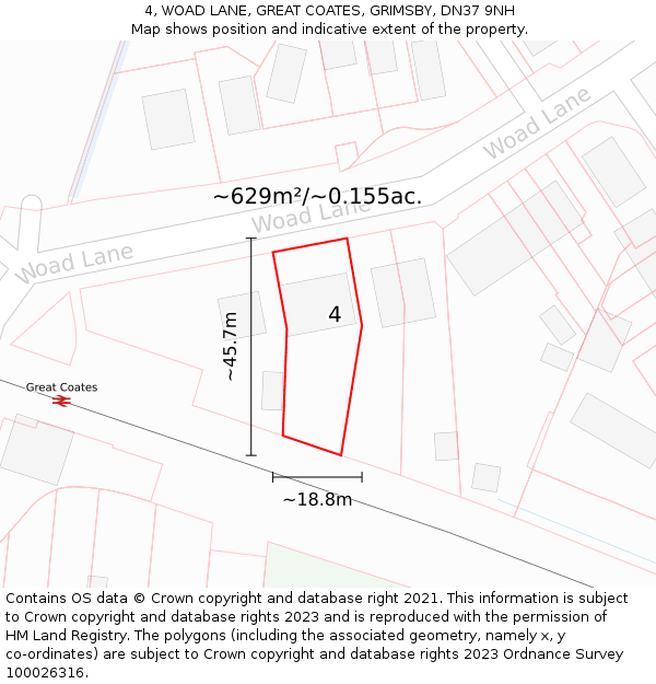 4, WOAD LANE, GREAT COATES, GRIMSBY, DN37 9NH: Plot and title map