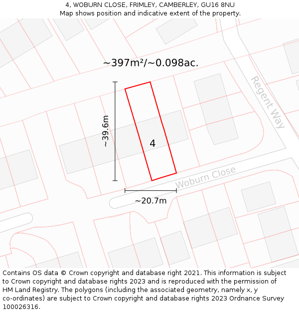 4, WOBURN CLOSE, FRIMLEY, CAMBERLEY, GU16 8NU: Plot and title map