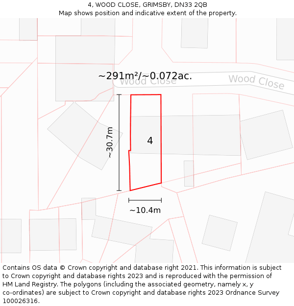 4, WOOD CLOSE, GRIMSBY, DN33 2QB: Plot and title map