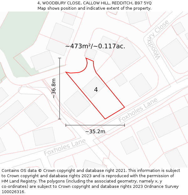 4, WOODBURY CLOSE, CALLOW HILL, REDDITCH, B97 5YQ: Plot and title map