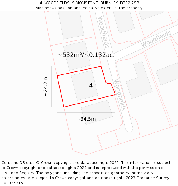 4, WOODFIELDS, SIMONSTONE, BURNLEY, BB12 7SB: Plot and title map