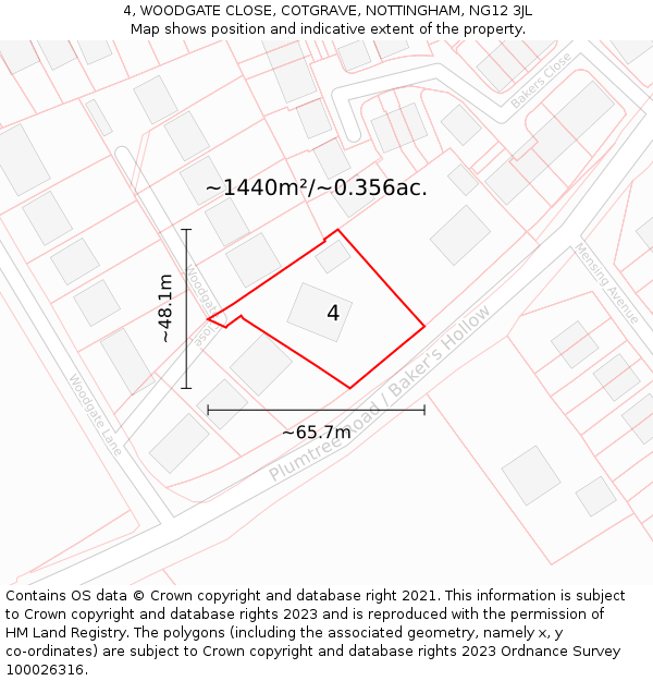 4, WOODGATE CLOSE, COTGRAVE, NOTTINGHAM, NG12 3JL: Plot and title map