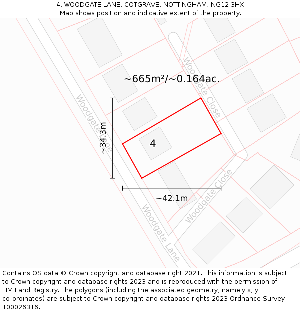 4, WOODGATE LANE, COTGRAVE, NOTTINGHAM, NG12 3HX: Plot and title map