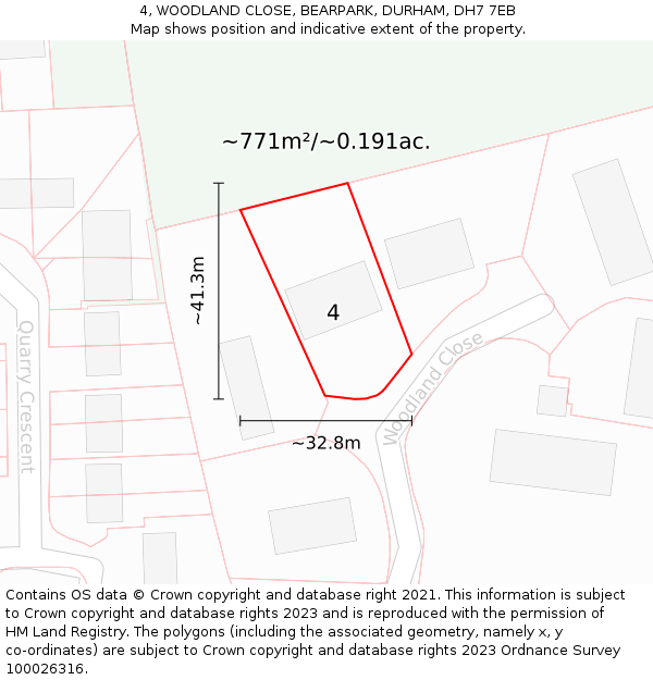 4, WOODLAND CLOSE, BEARPARK, DURHAM, DH7 7EB: Plot and title map