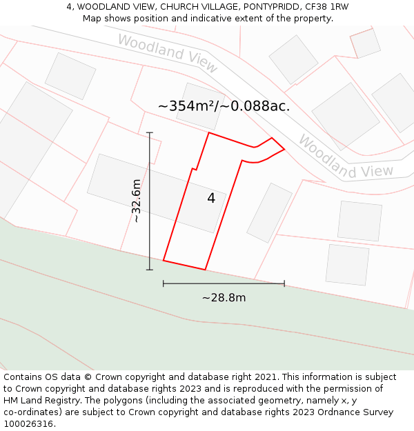 4, WOODLAND VIEW, CHURCH VILLAGE, PONTYPRIDD, CF38 1RW: Plot and title map