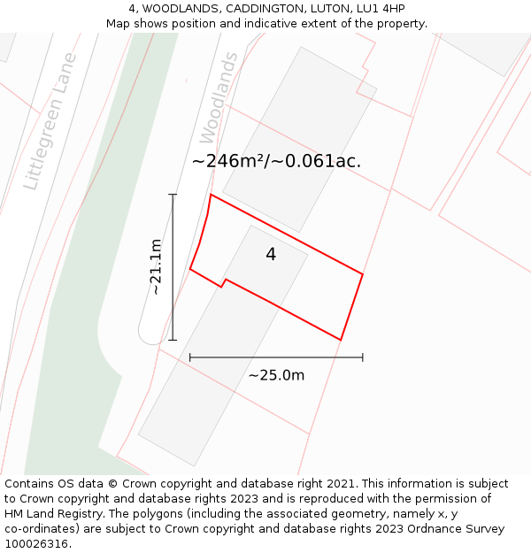 4, WOODLANDS, CADDINGTON, LUTON, LU1 4HP: Plot and title map