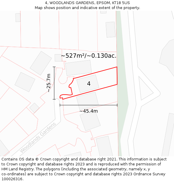 4, WOODLANDS GARDENS, EPSOM, KT18 5US: Plot and title map