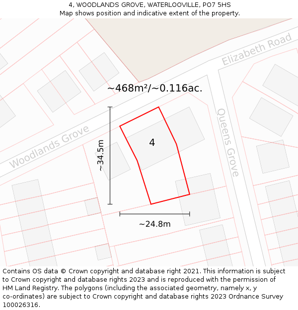 4, WOODLANDS GROVE, WATERLOOVILLE, PO7 5HS: Plot and title map