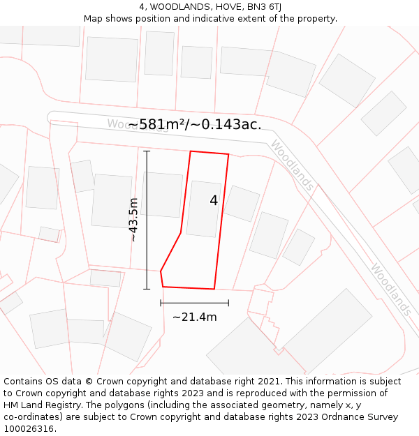 4, WOODLANDS, HOVE, BN3 6TJ: Plot and title map
