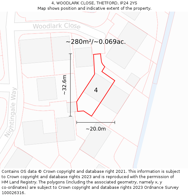 4, WOODLARK CLOSE, THETFORD, IP24 2YS: Plot and title map