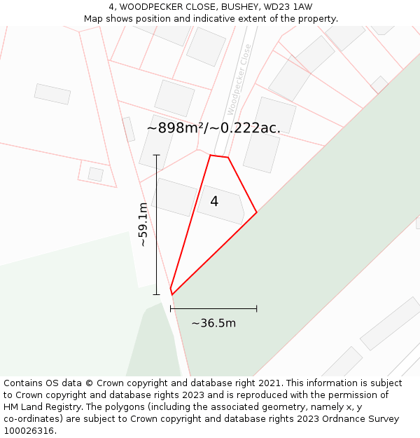 4, WOODPECKER CLOSE, BUSHEY, WD23 1AW: Plot and title map