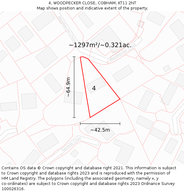 4, WOODPECKER CLOSE, COBHAM, KT11 2NT: Plot and title map