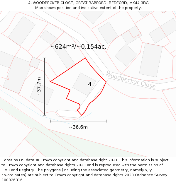 4, WOODPECKER CLOSE, GREAT BARFORD, BEDFORD, MK44 3BG: Plot and title map