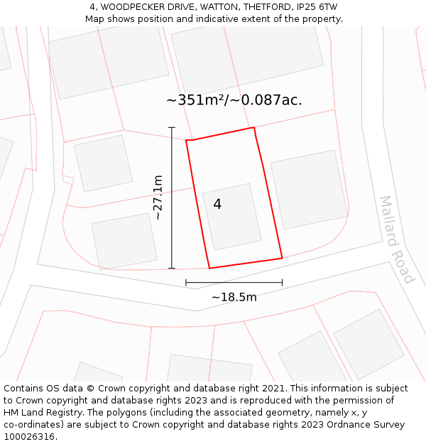 4, WOODPECKER DRIVE, WATTON, THETFORD, IP25 6TW: Plot and title map