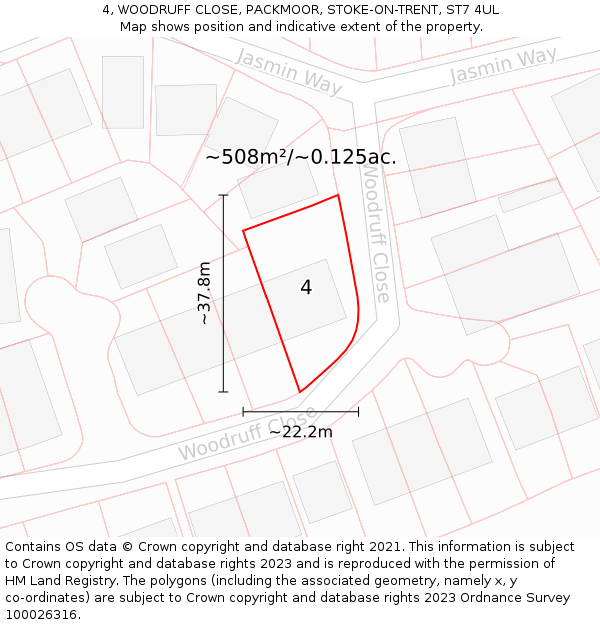 4, WOODRUFF CLOSE, PACKMOOR, STOKE-ON-TRENT, ST7 4UL: Plot and title map