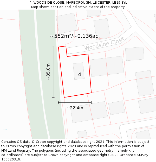 4, WOODSIDE CLOSE, NARBOROUGH, LEICESTER, LE19 3YL: Plot and title map