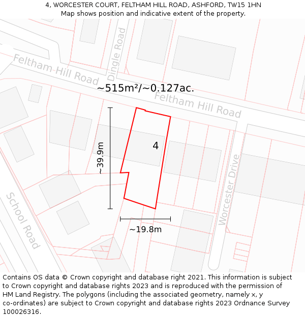 4, WORCESTER COURT, FELTHAM HILL ROAD, ASHFORD, TW15 1HN: Plot and title map
