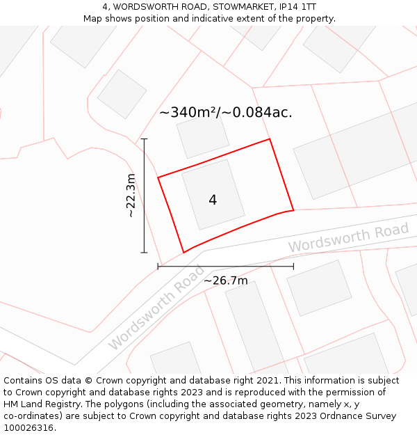 4, WORDSWORTH ROAD, STOWMARKET, IP14 1TT: Plot and title map