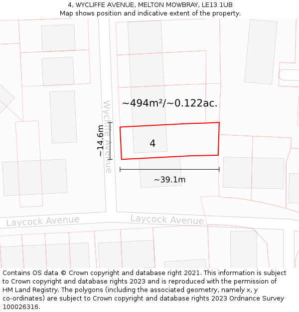 4, WYCLIFFE AVENUE, MELTON MOWBRAY, LE13 1UB: Plot and title map