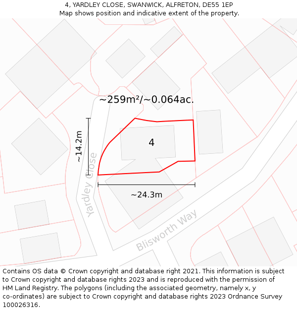 4, YARDLEY CLOSE, SWANWICK, ALFRETON, DE55 1EP: Plot and title map