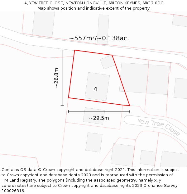 4, YEW TREE CLOSE, NEWTON LONGVILLE, MILTON KEYNES, MK17 0DG: Plot and title map