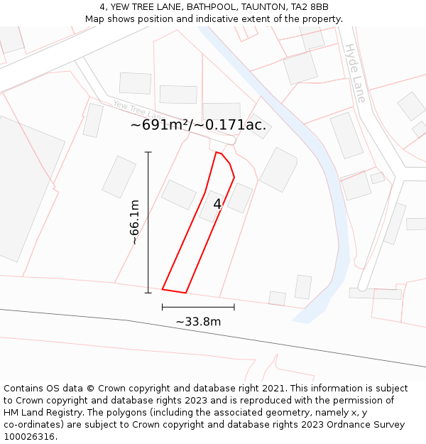 4, YEW TREE LANE, BATHPOOL, TAUNTON, TA2 8BB: Plot and title map