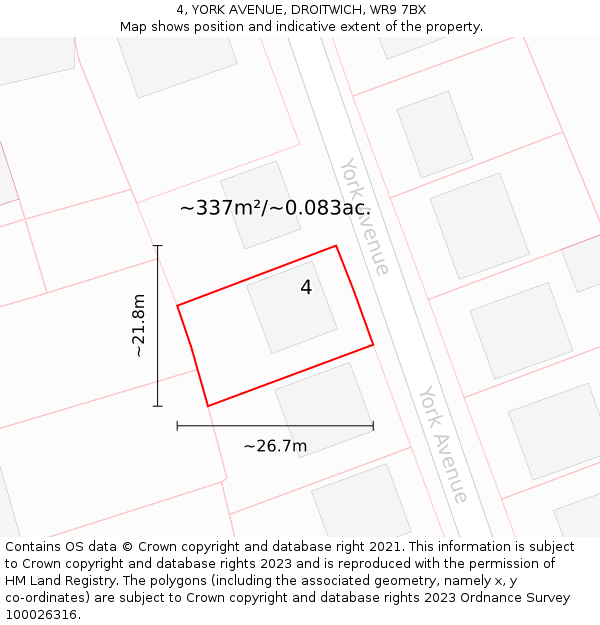 4, YORK AVENUE, DROITWICH, WR9 7BX: Plot and title map