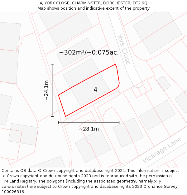 4, YORK CLOSE, CHARMINSTER, DORCHESTER, DT2 9QJ: Plot and title map