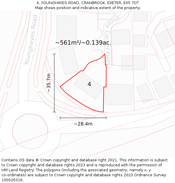 4, YOUNGHAYES ROAD, CRANBROOK, EXETER, EX5 7DT: Plot and title map