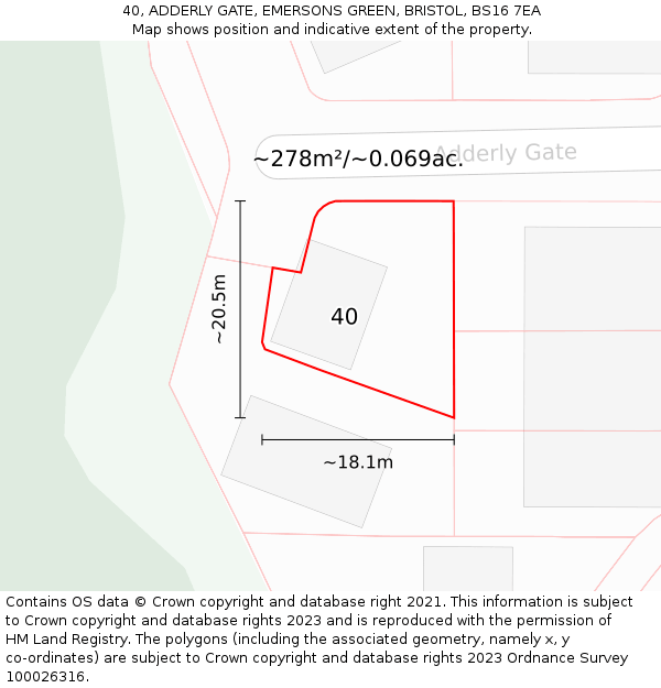 40, ADDERLY GATE, EMERSONS GREEN, BRISTOL, BS16 7EA: Plot and title map