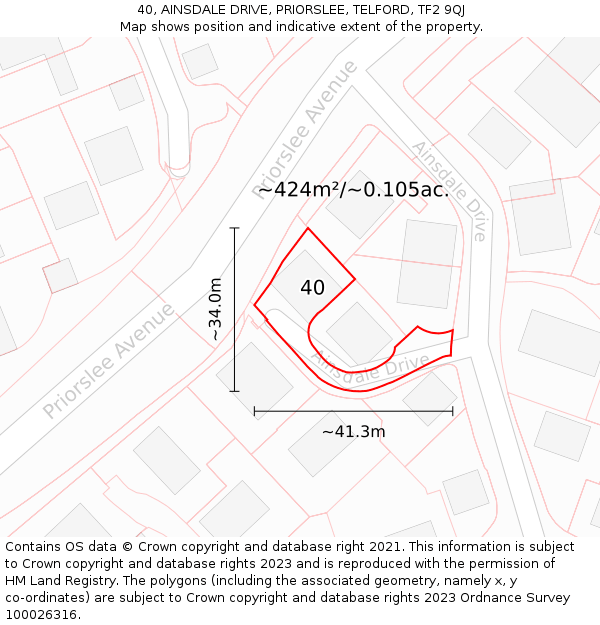 40, AINSDALE DRIVE, PRIORSLEE, TELFORD, TF2 9QJ: Plot and title map