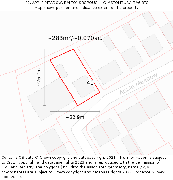 40, APPLE MEADOW, BALTONSBOROUGH, GLASTONBURY, BA6 8FQ: Plot and title map